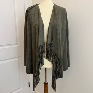 INC Olive Green Fringe Front Knit Long Sleeve Cardigan Sweater Size S Western